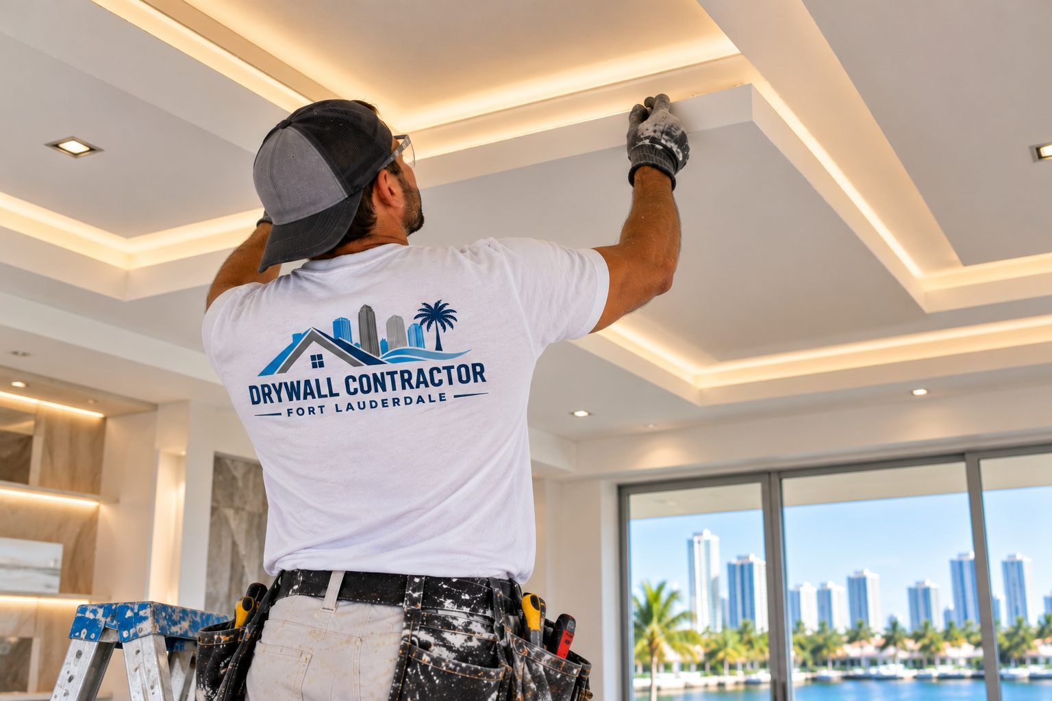 Drywall contractor finishing a recessed tray ceiling with LED cove lighting