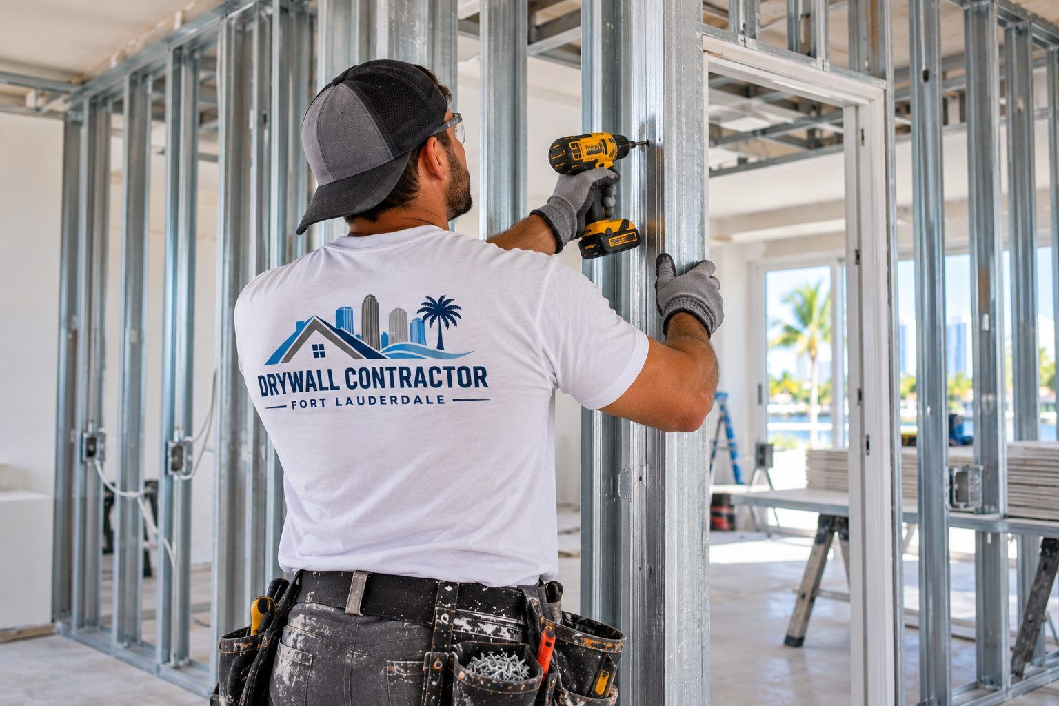 Contractor fastening metal studs while framing an interior partition wall