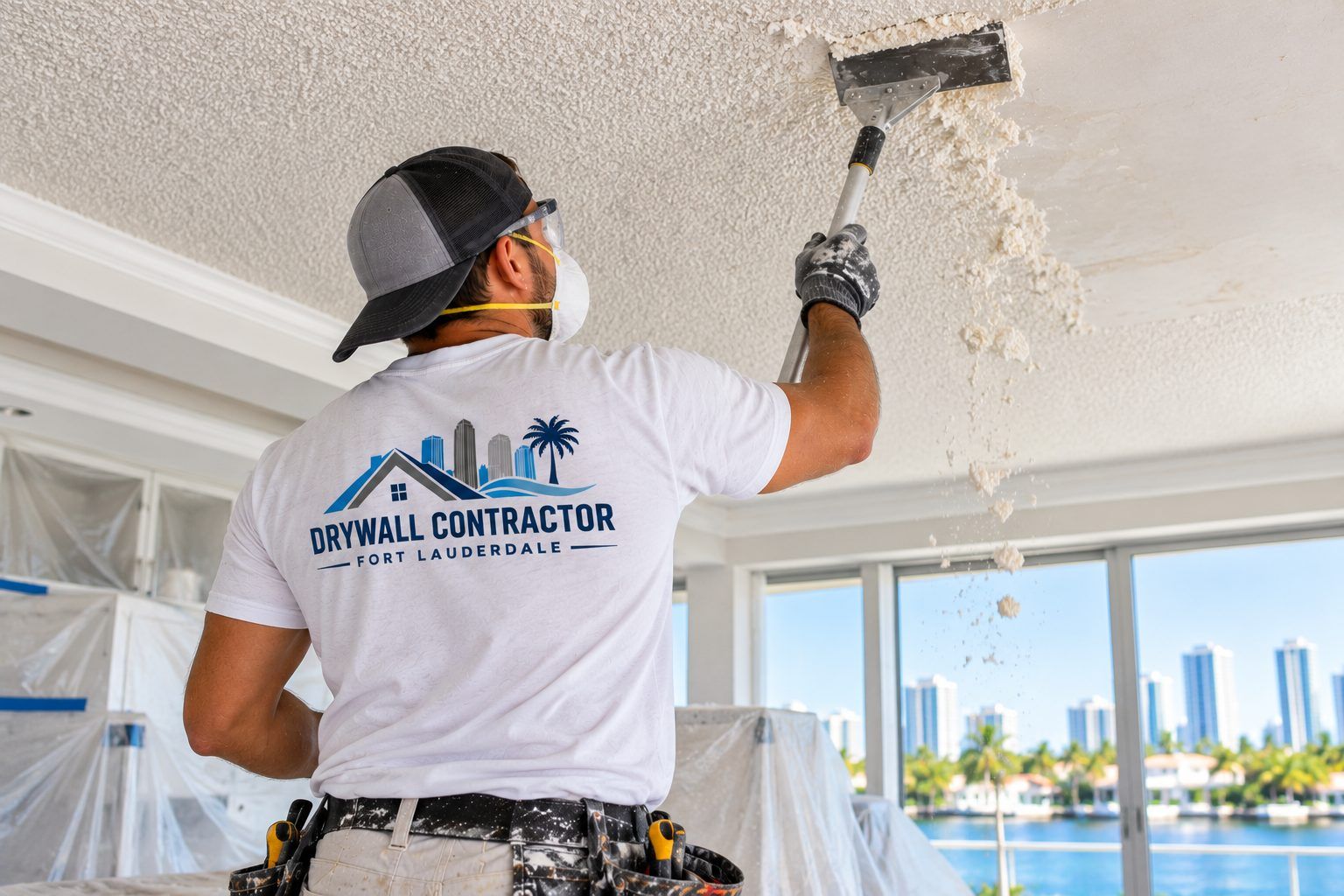 Worker scraping popcorn ceiling texture with plastic sheeting protecting the room