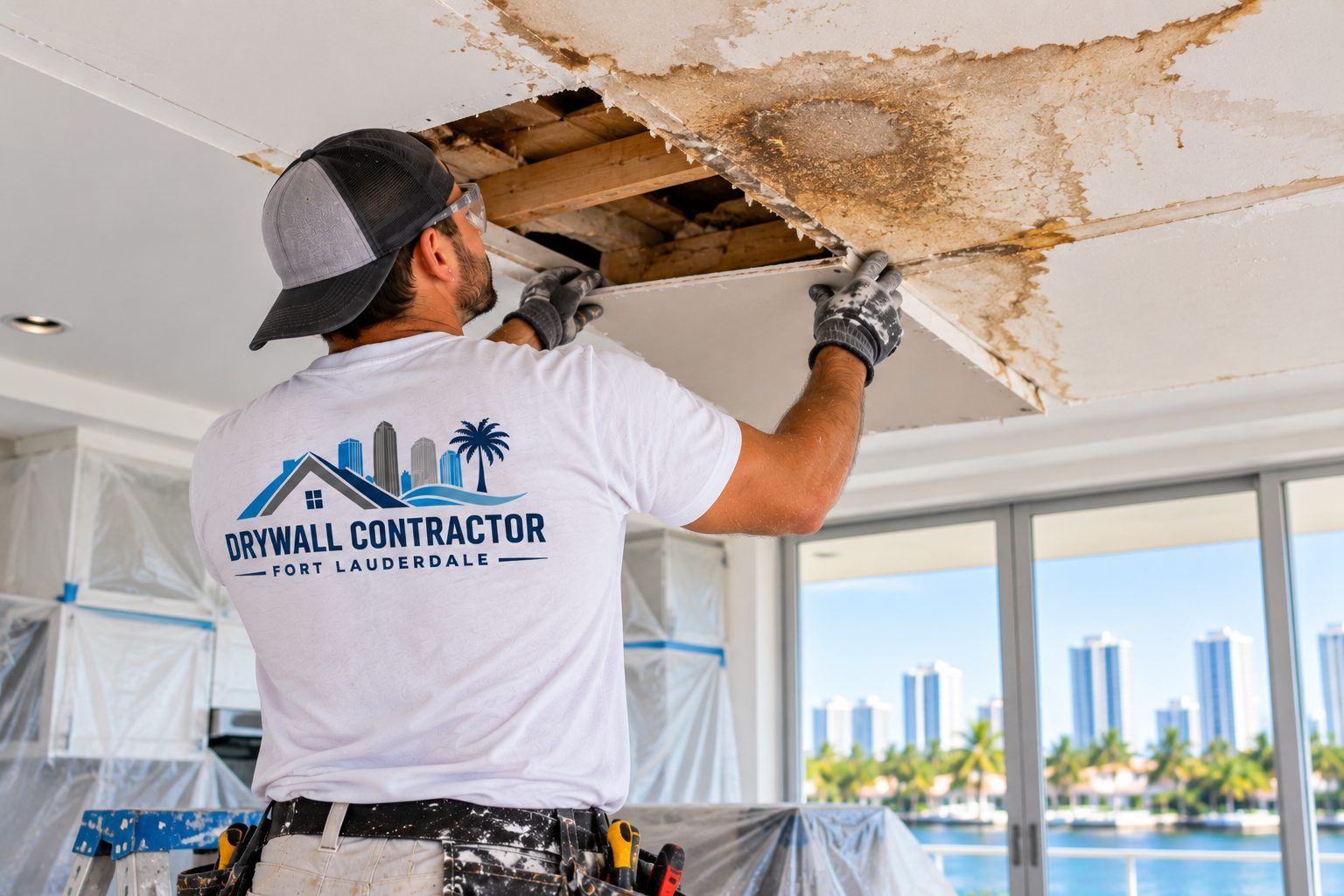 Removing water-damaged ceiling drywall after a leak